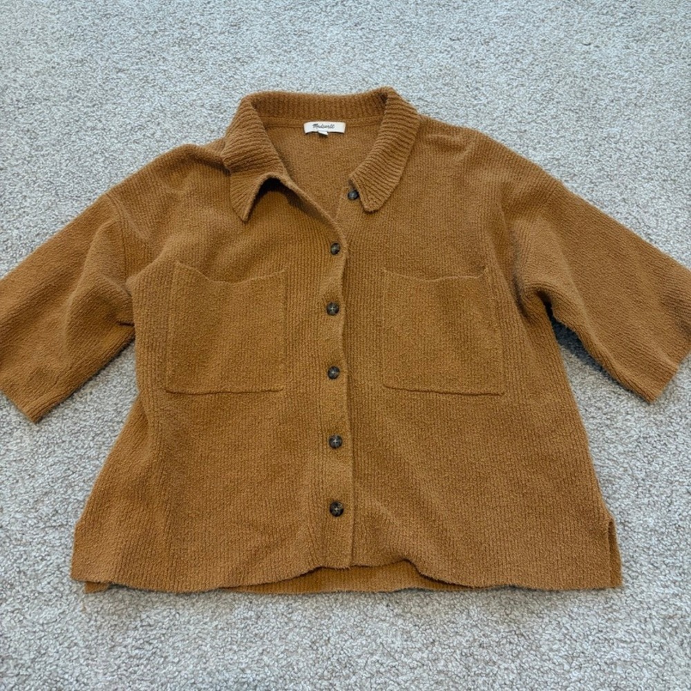 Madewell Holmden Sweater Polo Womens S Tan Button Front Short Sleeve Thick Knit